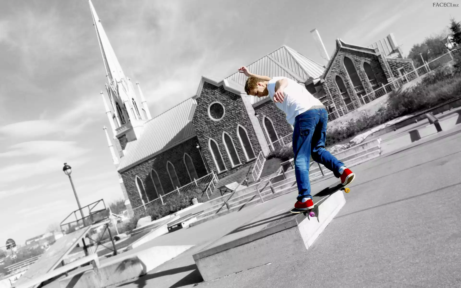 Kościół, Ulica, Skateboarder, Mężczyzna, Deskorolka